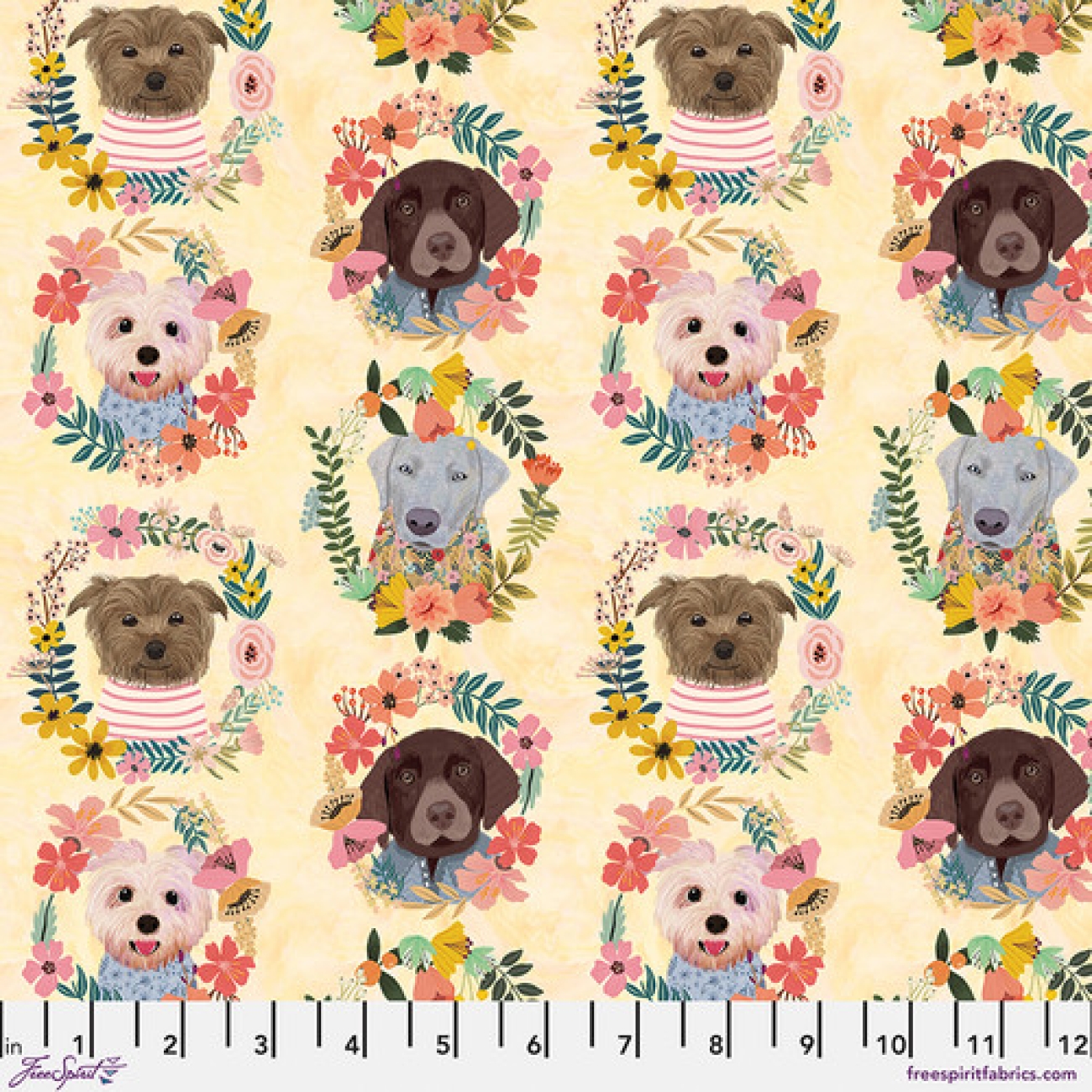 Patchwork Baumwolle - Mia Charro - Puppy Wreaths - Yellow -  Floral Pets